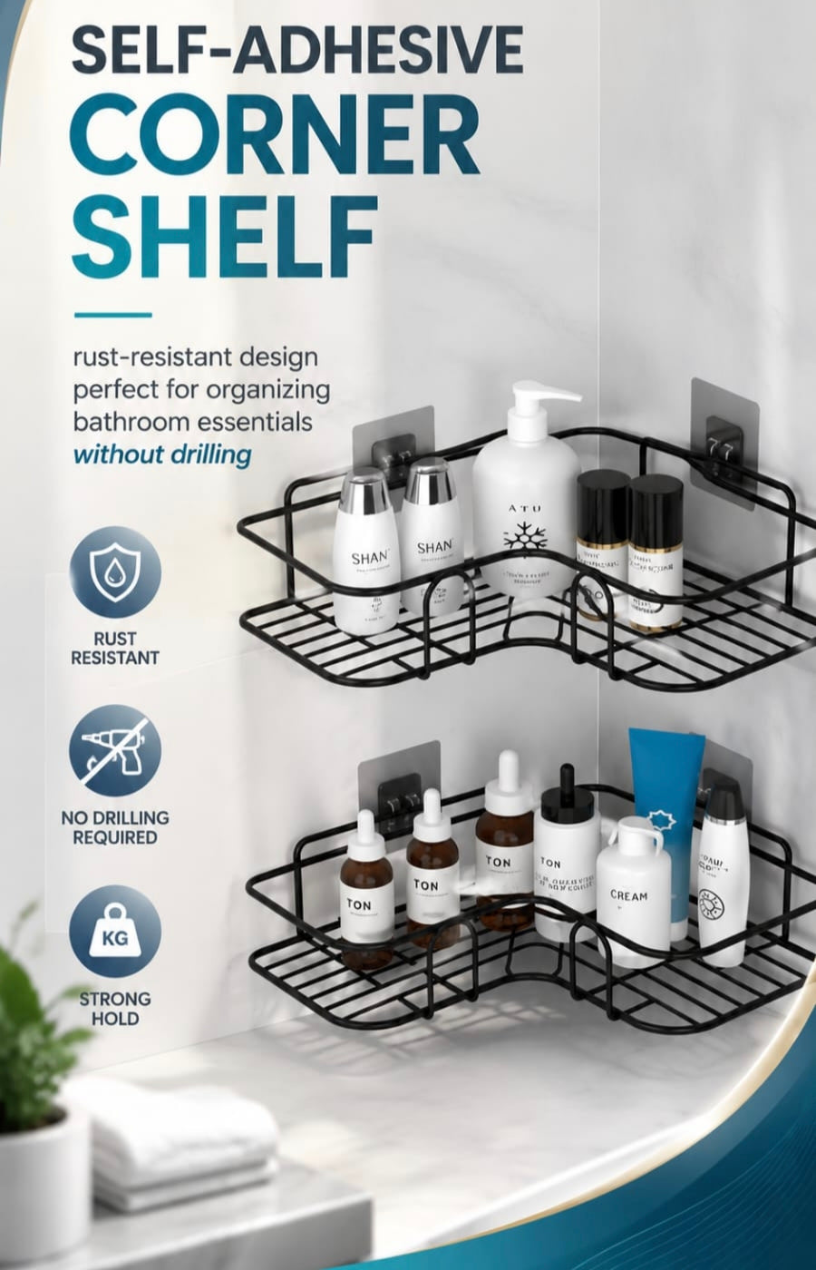 No-Drill Adhesive Bathroom Corner Rack